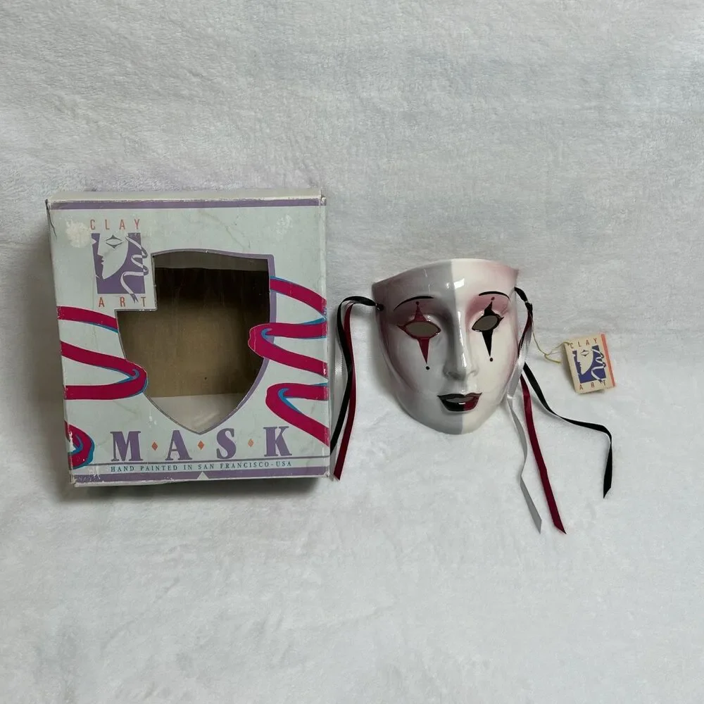 Clay Art Glazed Harlequin Masquerade Face Mask Hanging Ribbons Hand Painted